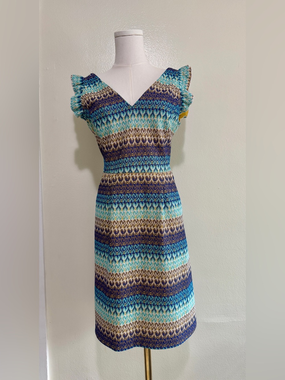 Tabitha Blue Multi-Stripe V-Neck Ruffle Sleeve Midi Dress